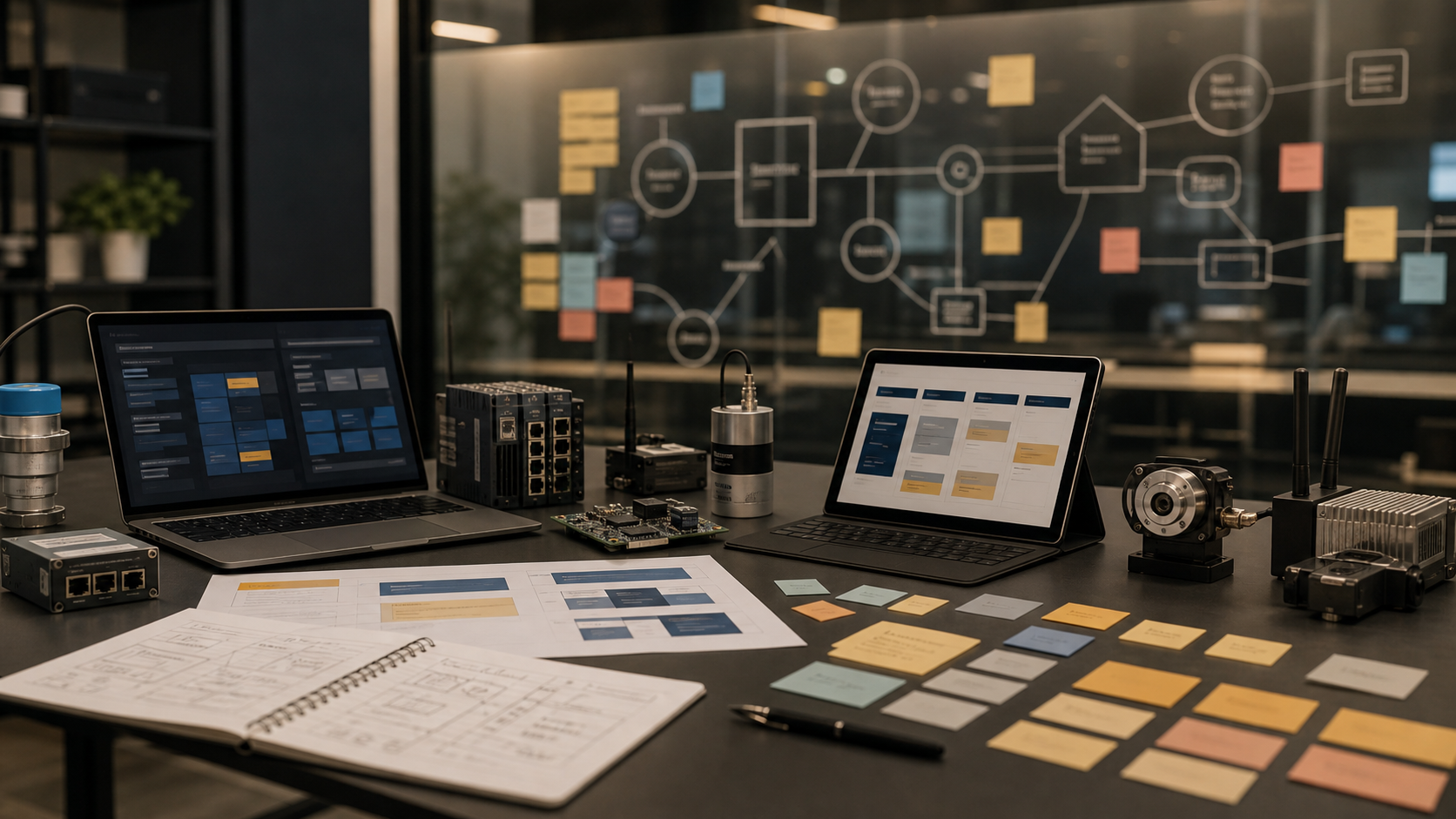 Ambiente de tecnologia com protótipos, sensores e mapas de solução