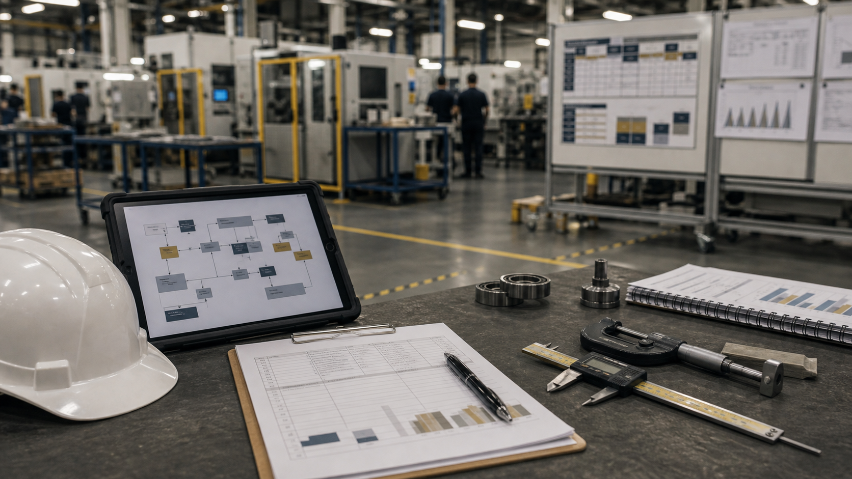 Chão de fábrica com materiais de engenharia industrial e melhoria de processos