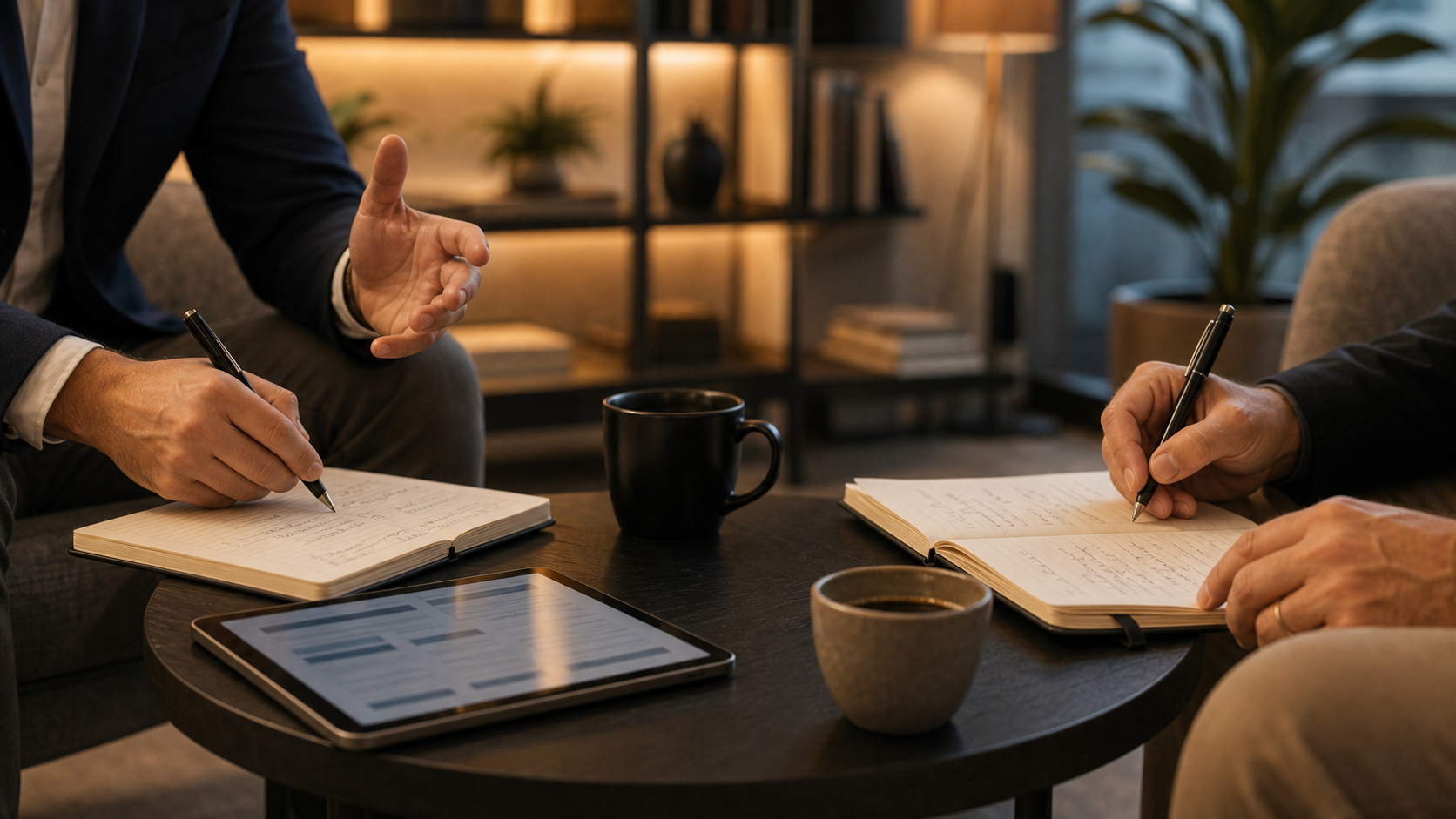 Ambiente de mentoria executiva com notebooks e tablet