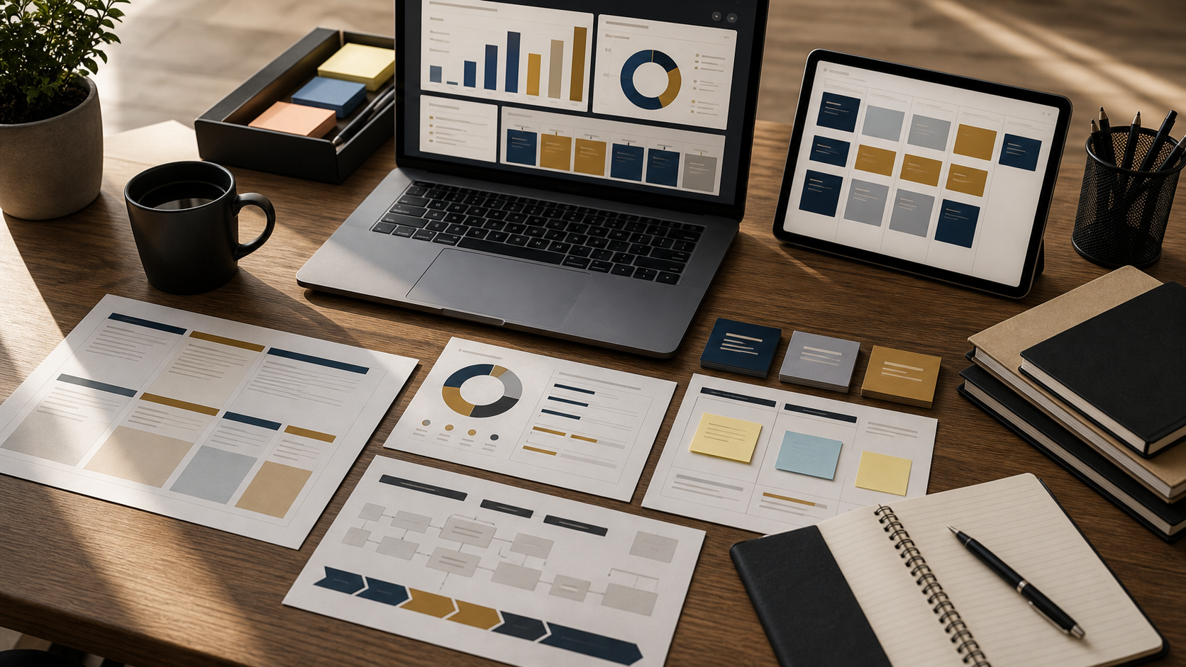 Mesa com templates digitais, canvas e dashboards executivos