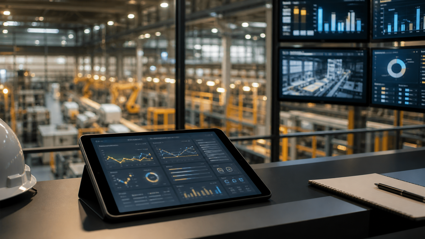 Sala de controle industrial com dashboards digitais